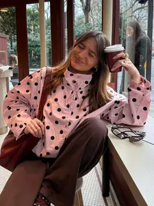 Pink Polka Dot Bomber Jackets For Women Zipper Casual Varsity Jackets Woman Summer Loose Womens Coats Long Sleeve Outerwears Lady
