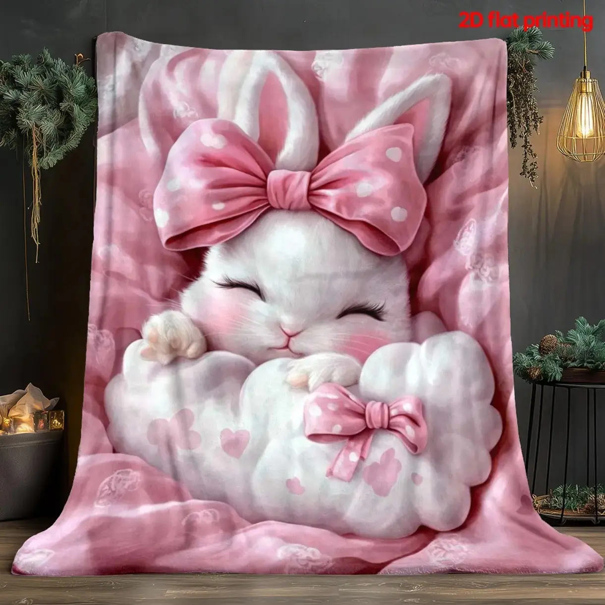Kawaii White Bunny Pink Bow Flannel Throw Blanket - Ultra-Soft Cozy Single-Side Rabbit Print, Sofa Bed Home Decor, All-Season Gift for Bunny Enthusiasts