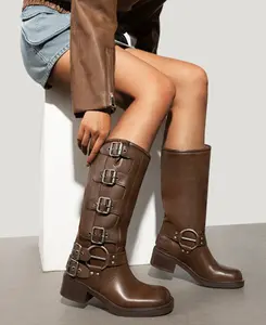 Miranda Moto Boots - Brown Women's Walking Shoes with Metal Buckles, Classic Design & Comfortable Fit