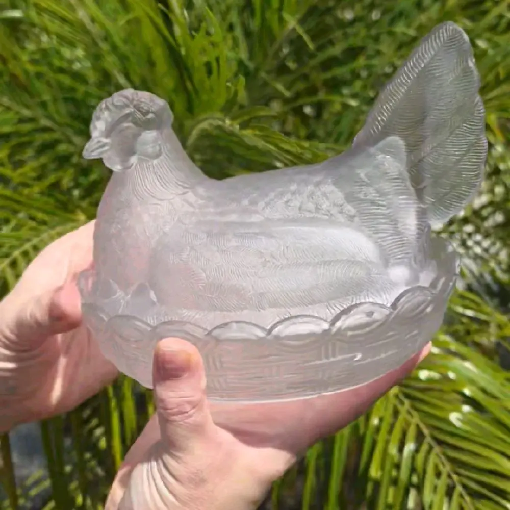 Vintage Manganese Sun-Purpled Frosted Glass Hen On Nest Covered Dish Basketweave