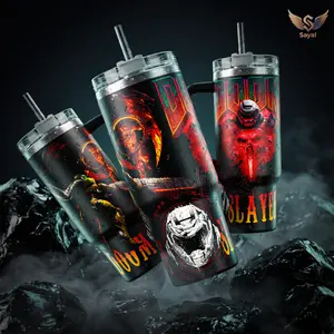 DOOM Slayer - Eternal Dark Age 40oz Tumbler Hell Fire Red Orange Design Doomguy Chainsaw BFG Art with Demons Vacuum Insulated Stainless Steel Cup with Comfort Handle Leak-Proof Straw Hot Cold Beverage Container Xbox PlayStation Fans Gift Game Lovers