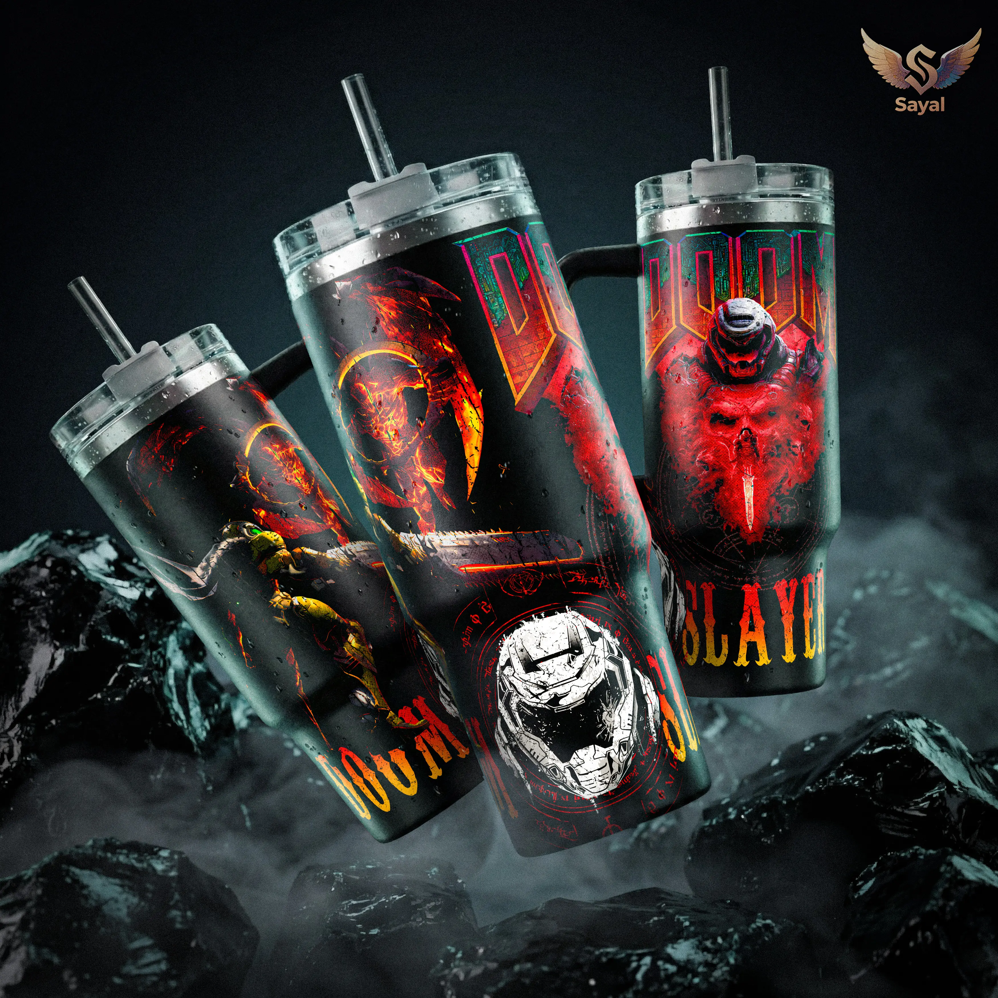 DOOM Slayer - Eternal Dark Age 40oz Tumbler Hell Fire Red Orange Design Doomguy Chainsaw BFG Art with Demons Vacuum Insulated Stainless Steel Cup with Comfort Handle Leak-Proof Straw Hot Cold Beverage Container Xbox PlayStation Fans Gift Game Lovers
