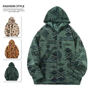 Autumn Winter Vintage Ethnic Style Geometric Print Polar Fleece Hooded Jacket Loose Zipper Soft Plush Trendy Brand Cozy Relaxed Versatile Warm Sweatshirt casual versatile