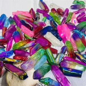 200-500g Aura Polished Clear Quartz Single Point Mixed Color Diy Crystal Mineral
