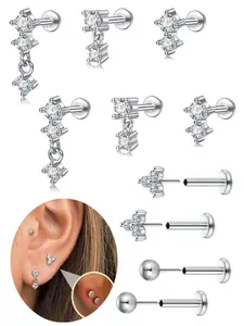 Threadless Flat Back Earrings, Helix Pierced Ring, Stainless Steel Push in Nose Studs Rings, Hypoallergenic Body Piercing Jewelry Set for Women & Girls