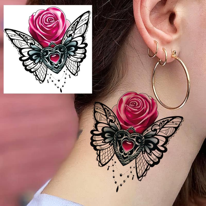 Women's Casual Unscented Temporary Fake Tattoos - 6 Nontoxic Assorted PVC Glitter Sheets (3 Themed, 3 Random Designs: Rose, Butterfly, Spider Web) - Waterproof Neck & Body Art for Adults, Suitable for Glass Surface, Metal Ceramics
