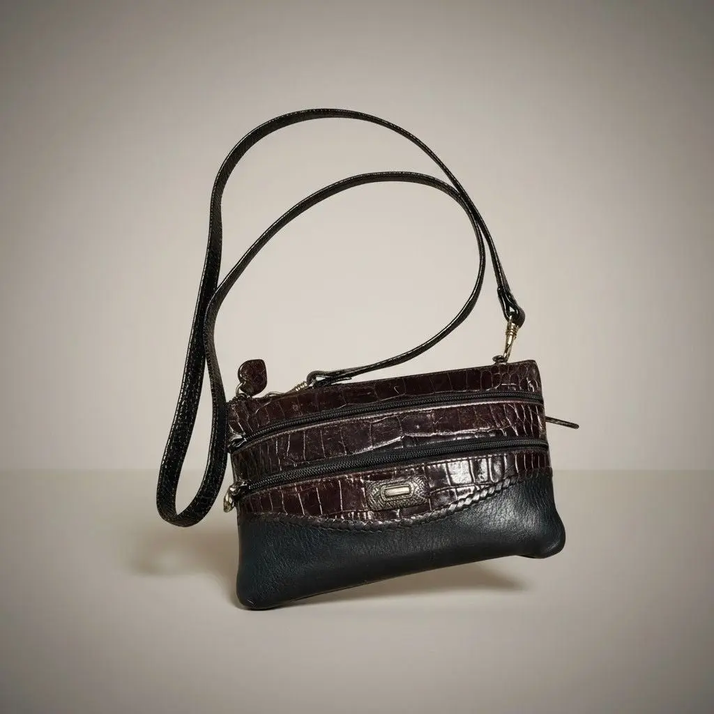 Brighton One Size Black Brown Croc Embossed Leather Crossbody Bag