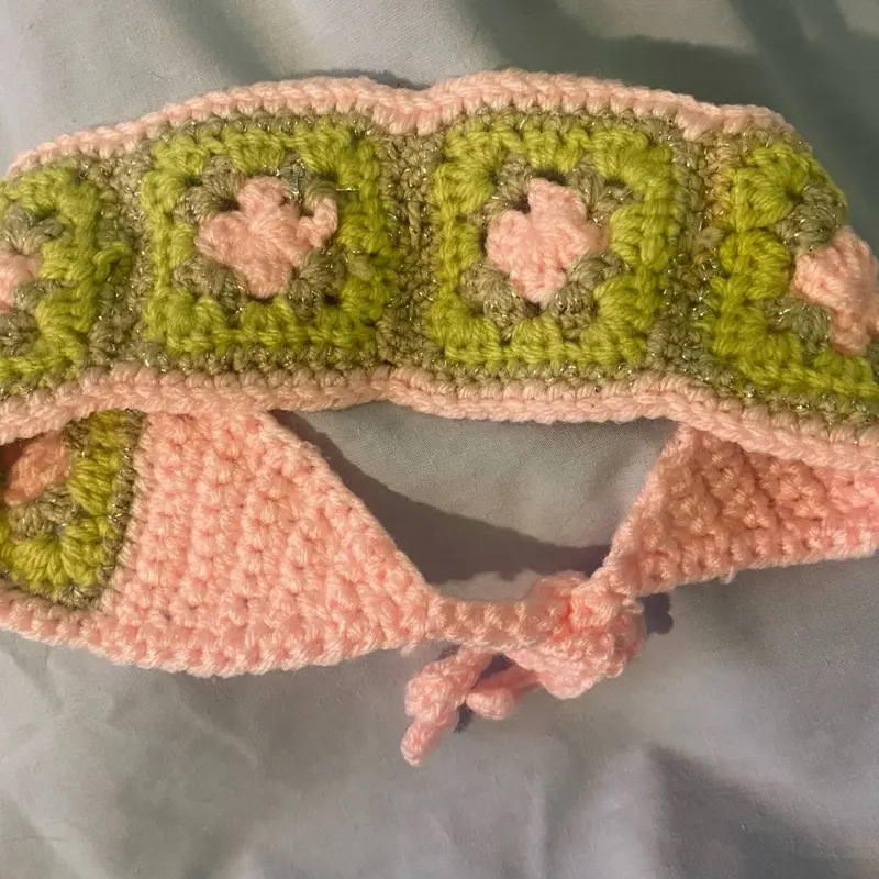 Granny Square Headbands - Handmade Crochet Headband with Green and Pink Colors, Perfect for Everyday Wear