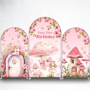 Pink Fairy First Birthday Arch Backdrop Cover with Mushroom for Girls First Birthday