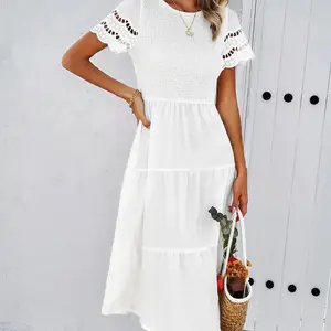 YNIQUE Women’S Casual Wear Solid Color Elegant Short-Sleeve Maxi Dress with Cutout, Lace & Patchwork Details, Comfortable Skirt for Beach Vacations & Travel