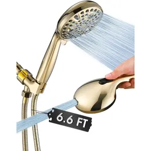 High Pressure 10 Setting Handheld Shower Head, 5" Detachable Showerhead Spray Built-in Power Wash to Clean Tub, Tile & Pets, 79" Extra Long Stainless Steel Hose, Adjustable Bracket - Gold