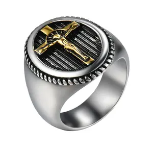 OIDEA Men's Jesus Cross Ring - Vintage Stainless Steel Wide Religious Crucifix Statement Band, Ornate Cross, Heavy-Duty Metal, Anti-Rust Steel Design, Cross Ornate Rings, Heavy-Duty Metal Rings