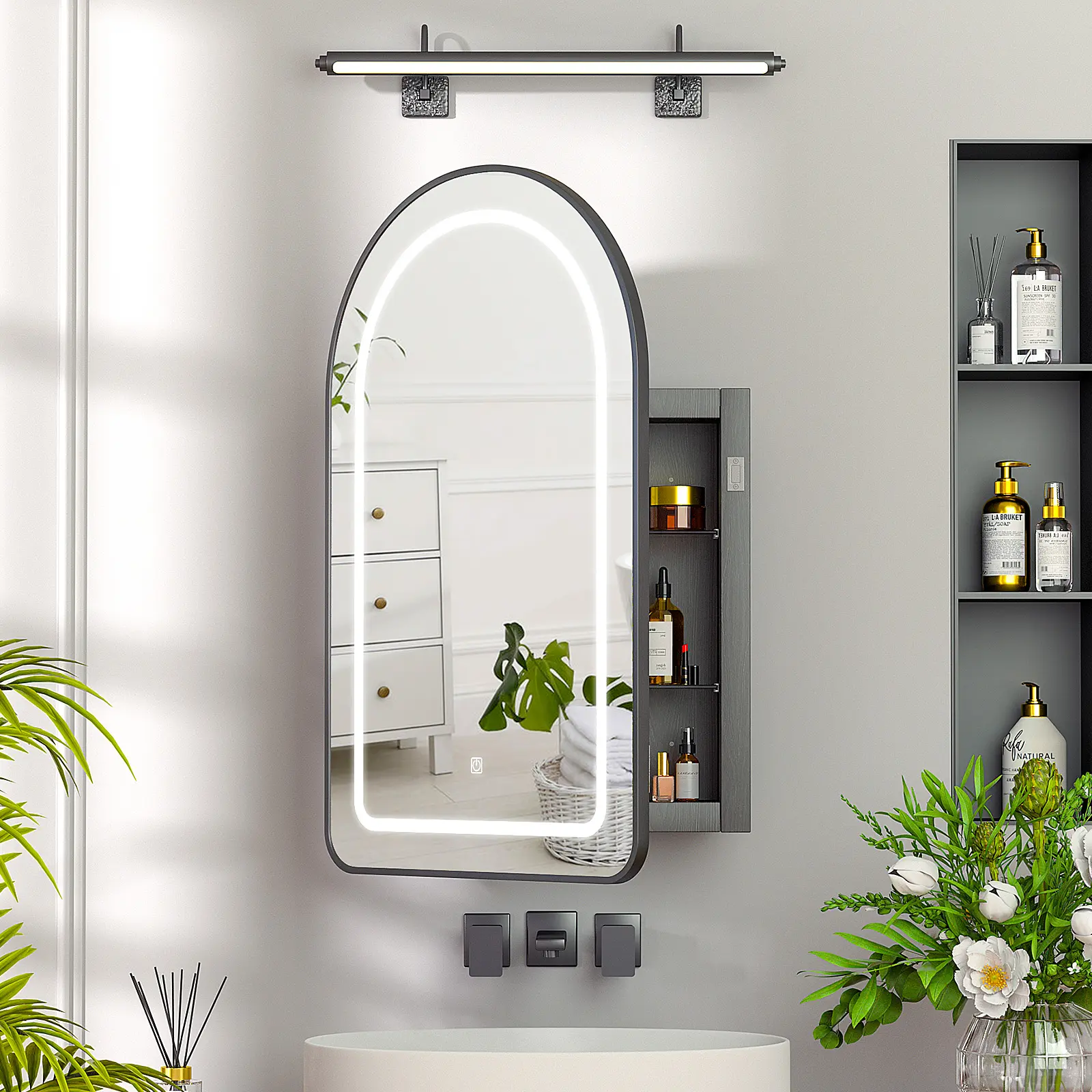 Sturdy Wall-Mount Recessed LED Lighted Medicine Cabinet with Mirror - Brushed Black Arched Metal Frame Vanity Storage Unit, 3-Color LED Lighting, Transparent Shelf, Arch Cover, Moisture Resistant, 5.1d x 20w x 31.5h cm, Over 25 kg, Requires Setup