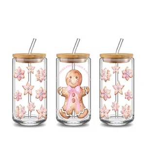 Cute Pink Bow Gingerbread Man 16oz Glass Can Cup, Tumbler with Lid and Straw, Reusable Glass Drinking Cup, Glass Jar for Iced Coffee, Beer, Juice, Milk, Cold Drinks, Glassware, Perfect Gift for Christmas Lovers, Mom, Family & Friends