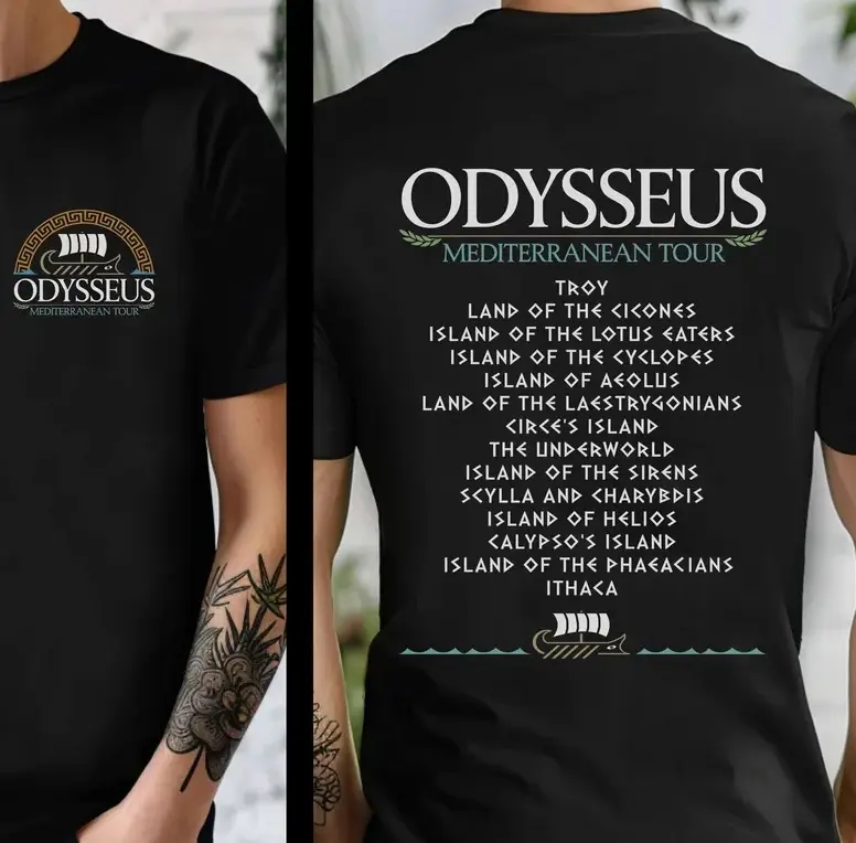 Men Crew Neck Short Sleeve T‑Shirt, Odysseus Mediterranean Tour Double‑Sided Print Tee, Ancient Greek Mythology Casual Top