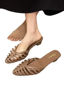 Women's elegant heeled sandals, pointed open-back pumps half-wrap cut-out, bohemian style with comfortable cushioning insole, small heeled wedge slippers for vacation, beach or formal wear, heeled sandals, women's heeled sandals, Shoes Mules