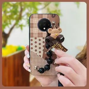 silicone Bear bracelet Phone Case For One Plus 7T/1+7T Simplicity Back Cover soft case Black pearl pendant Cartoon Anti-knock Skin-friendly feel protective case cute Waterproof