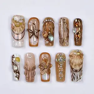 Seamyst Ocean-Inspired Press-On Nails – 3D Seashells, Pearls & Gold Details, Handmade Long Square Nails for Beach Lovers and Elegant Style