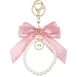 Pink Bow Keychain, Beige Pearl Keychain Coquette Keychain Cute Purse Keychain Bow Purse Charm Bow Bag Charm Keychain Bow Key Chains Wistlet Accessories Bow Gifts Keychains for Women Car Keys Bag Purse