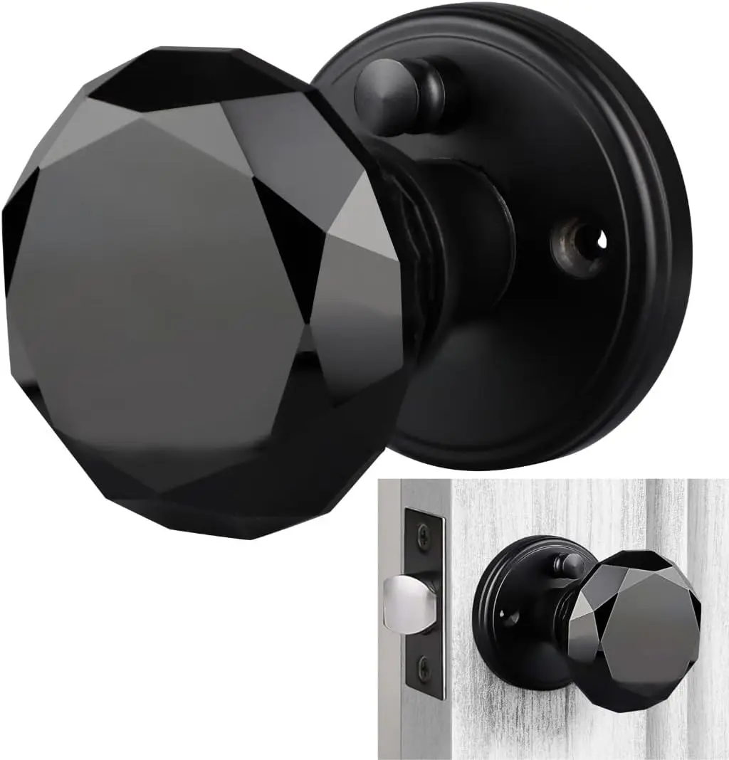 Black  Door Knob with Lock, Glass Door Knobs Interior  Set,  Decorative Antique Style Handle for Bedroom, Bathroom, Closet, 1 Pack