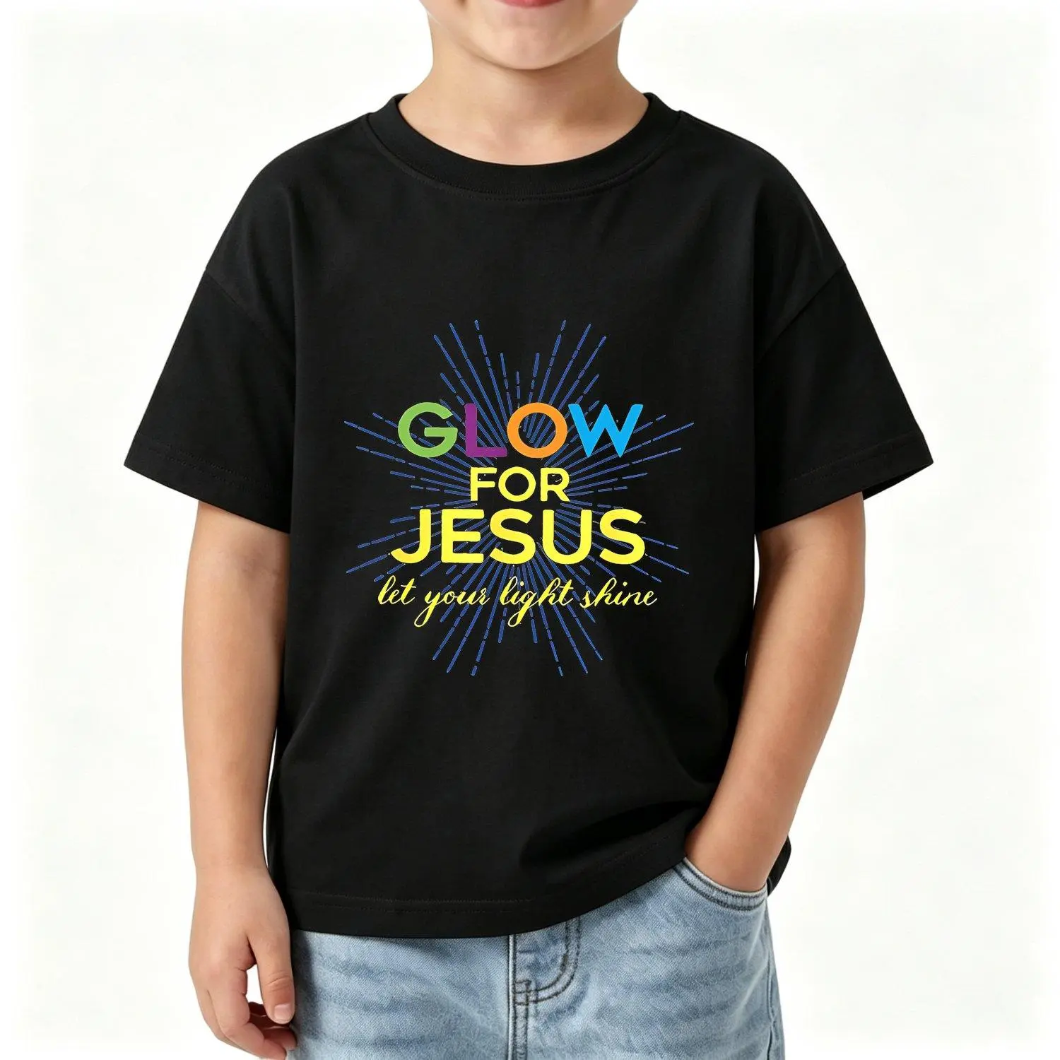 Kids Glow In The Dark Holy Words Walking With Faith T Shirt Summer Church Clothing Glow Design Featuring Jesus Image And Bible Verse Inspirational Tee