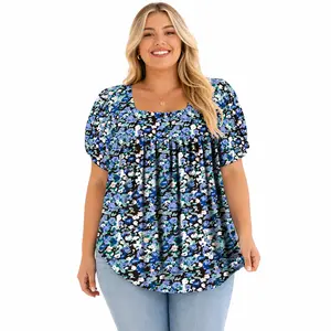 ROSRISS Lady's Plus-Size Summer Short-Sleeve Rayon T-Shirt - Square Neck, Petal Sleeves, Flowy Pleated, Stretchy, Breathable, Lightweight, Loose-Fitting, Soft, Feminine Casual Tunic, Tie Dye, Sizes XL-5XL 0119 outdoorfun