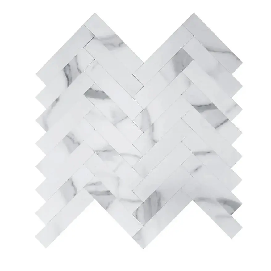 COLAMO 10.31"x10.31"x0.16" Stone Composite Herringbone Pattern Peel-and-Stick Backsplash Tiles, Waterproof Cost-Effective Carrara White Indoor Use Bathroom Wall Decor Wallpaper