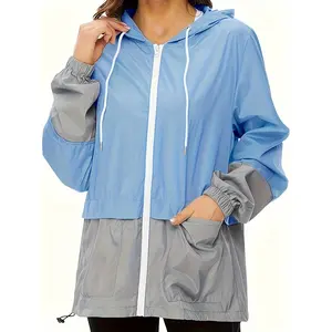2025 Water Jacket Lightweight Water Resistant Plus Size Color Block Hooded Rain - Women's Drawstring Jacket