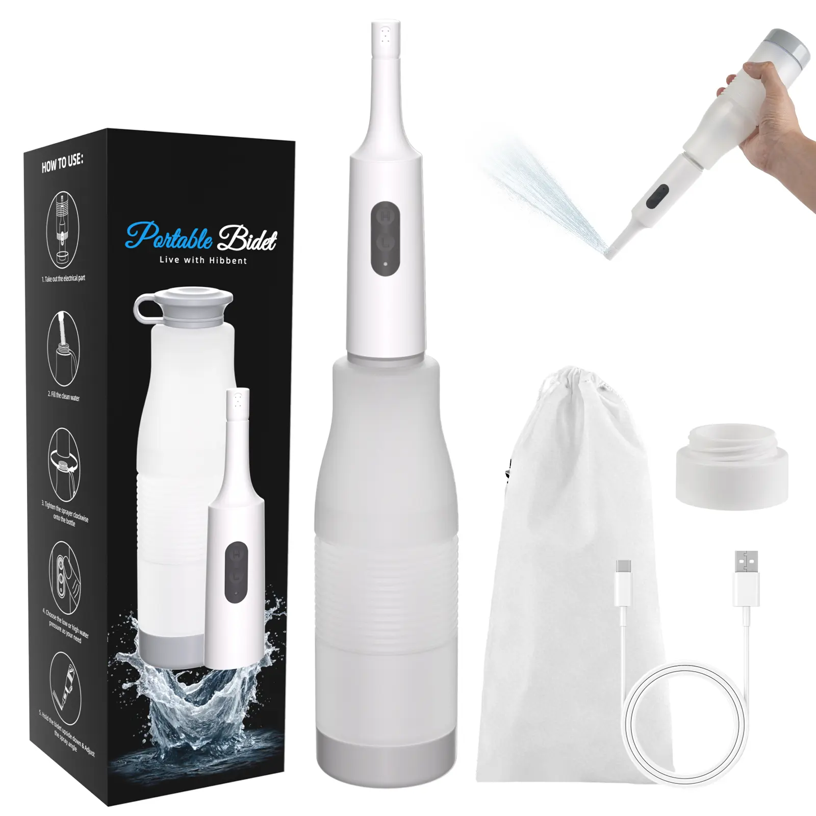 Hibbent Portable Bidet for Travel, High Pressure Electric Handheld Bidet Sprayer, 350-550ML Expandable Bottle for Personal Hygiene, USB-C Rechargeable Waterproof, Travel Bidet for Women & Men