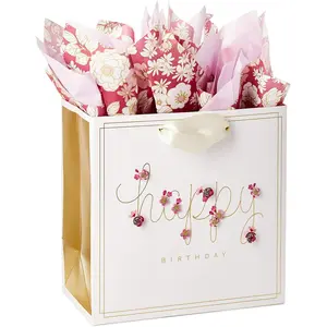 Hallmark Signature 7" Medium Birthday Gift Bag with Tissue Paper (Pink Flowers)