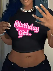 Women's Letter Print Round Neck Crop Tee, Casual Short Sleeve Crew Neck T-shirt for Summer, Fashion Women's Top for Daily Wear, Round Neck Tops