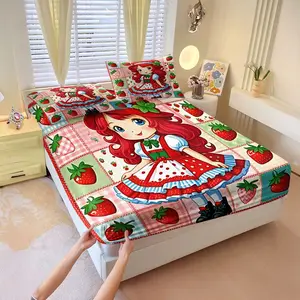 3Pcs Strawberry Shortcake Cartoon Fitted Sheet Set, Adorable Pastel Patchwork Design with Strawberries, Soft and Cozy Bedding for Kids, Perfect for Fun and Cheerful Bedroom Decor! Bedding Sheets, Includes 2 Pillowcases, No Pillow Core