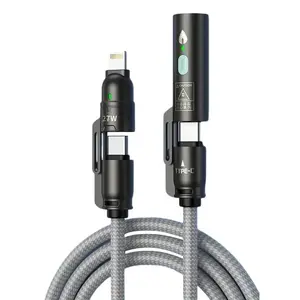 240W 3-in-1 Fast Charging Coiled Cable, USB-A, Lightning & Dual Type-C, 5FT Nylon Braided, 480Mbps Data Sync Charger Cord for MacBook, iPhone 16/15/14/13 and Android Phones