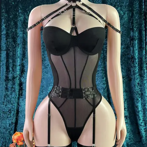 Women's Halloween Sheer Mesh Underwire Push-Up Garter Belt 1-Piece Lingerie Bodysuit - Lace-Up, Hand Wash, Whimsy Clothing for Date Night, Night Out Tops, Mesh Sheer