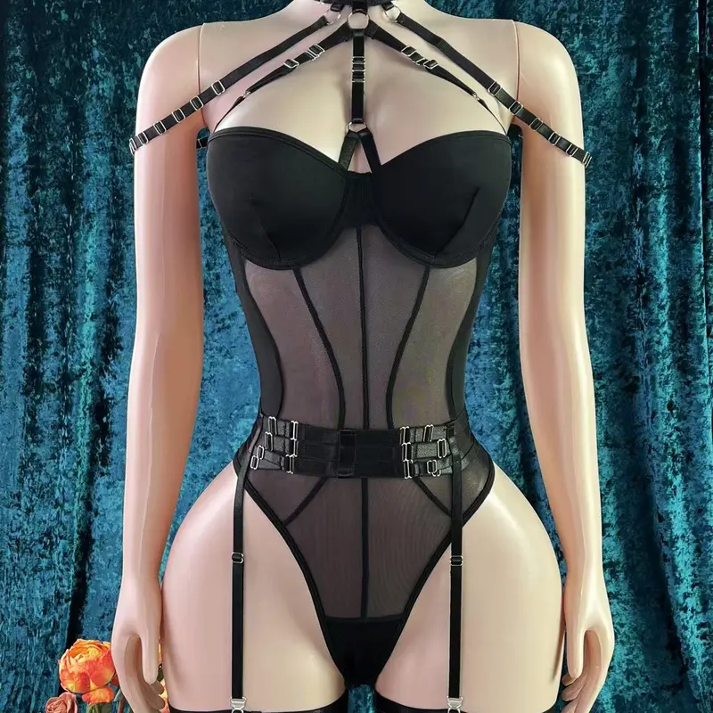 Women's Halloween Sheer Mesh Underwire Push-Up Garter Belt 1-Piece Lingerie Bodysuit - Lace-Up, Hand Wash, Whimsy Clothing for Date Night, Night Out Tops, Mesh Sheer