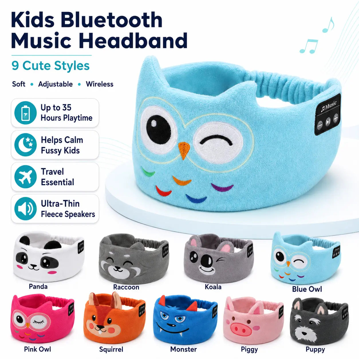 Kids Bluetooth Headband Headphones for Travel, Plush Fleece Wireless Music Headband with Ultra-Thin Speakers, 35H Playtime, Adjustable Soft Sleep Headphones for Kids, Boys & Girls