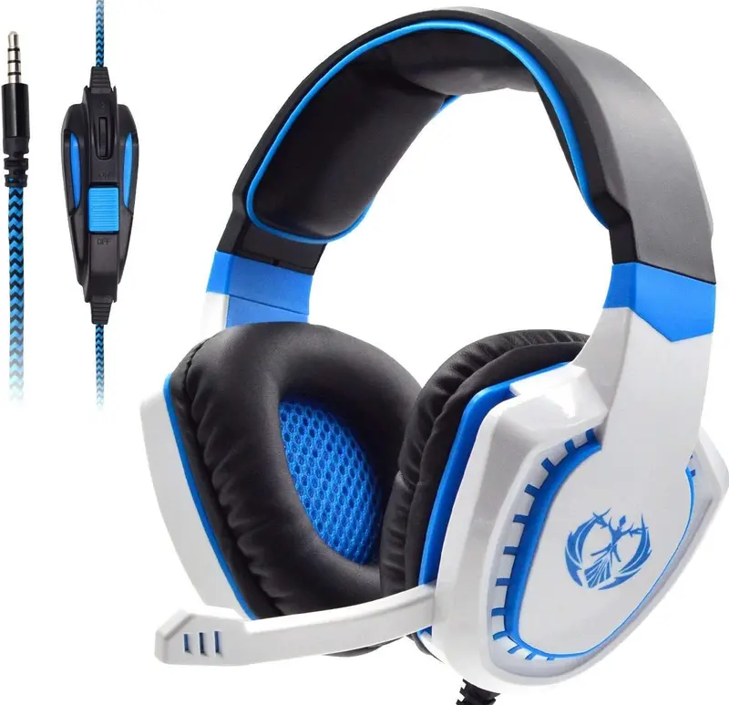 Stereo Gaming Headset for PC, Surround Sound Noise Isolation Wired Over Ear Headphones with Mic, Deep Bass, Soft Memory Earmuffs for Laptop Desktop Computer (White Blue)