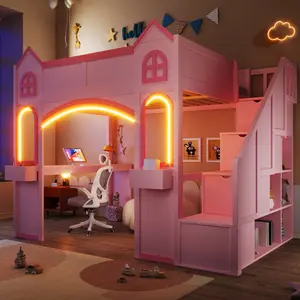 Full Size Loft Bed Frame with Storage Staircase and LED Light, Wood Castle Full Loft Bed Frame with Desk, Windows & Shelves for Kids, Teens, Boys or Girls, Montessori Bed, Pink