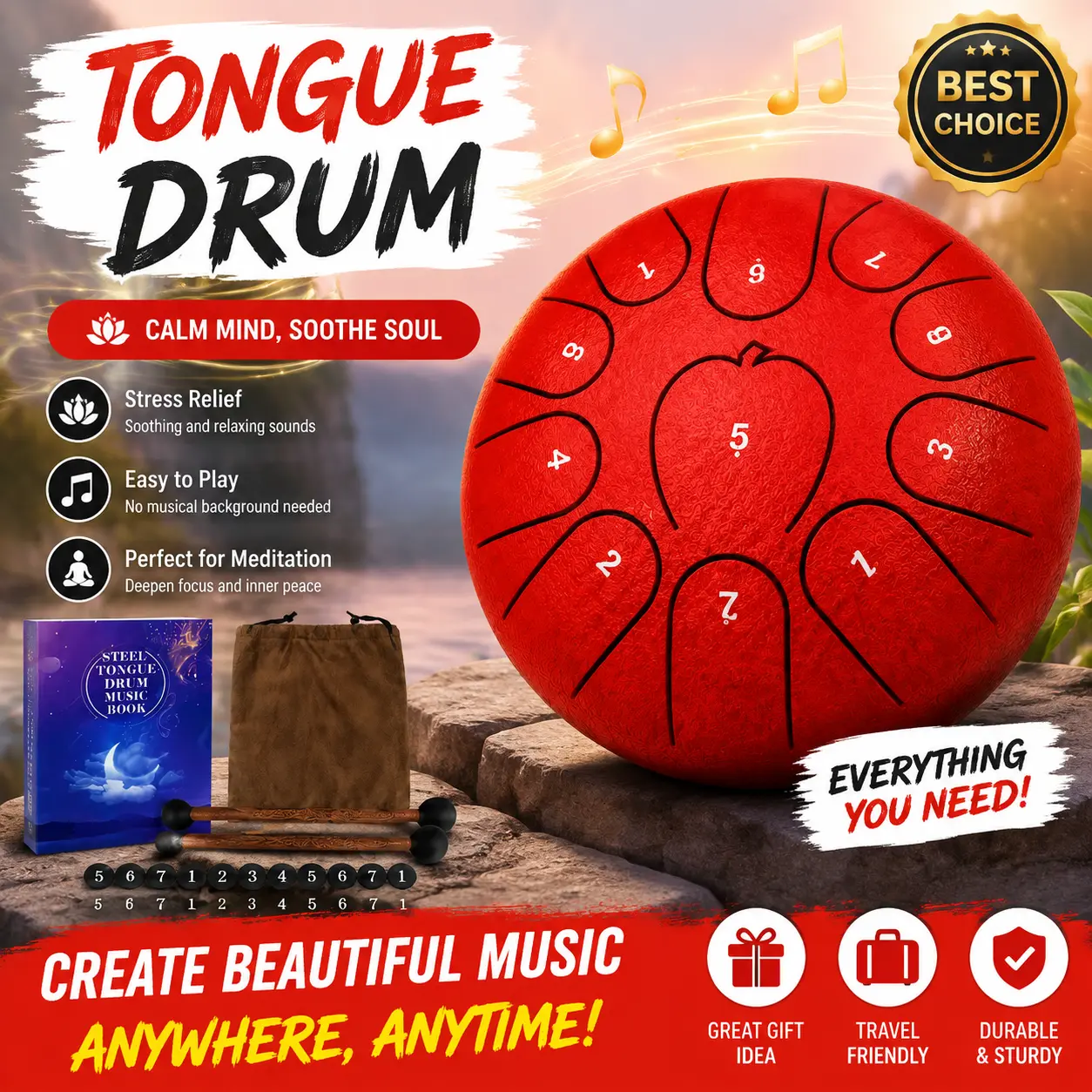 6-Inch 11-Note Steel Tongue Drum - Mindfulness Classroom Tool with Calming Sound, Beginner-Friendly Percussion Instrument for Teachers & Students, Includes Bag & Mallets
