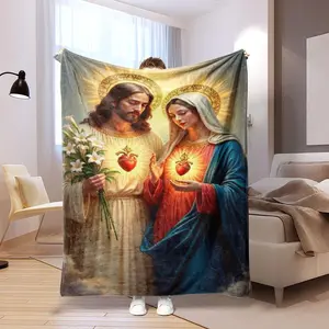Jesus & Virgin Mary Pattern Blanket, Printed Blanket, Soft Comfortable Throw Blanket, Warm Napping Blanket for Home Office Travel Camping