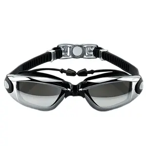 Adult Silver-Coated Anti-Fog Swimming Goggles with Integrated Earplugs, Adjustable Silicone Strap, Comfortable PC Material for Men and Women, Professional Swim Gear, Anti-Fogging Equipment for Pool, Beach and Outdoor Swimming