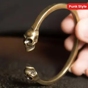 🔥   Vintage Bronze Skull Cuff Bracelet |   Punk Gothic Armor for Men ⚡️ 🖤   Adjustable Unisex Jewelry - Halloween, Daily & Concert-Ready