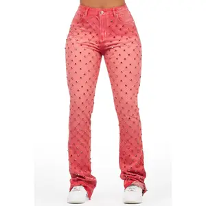 Sareka Red Rhinestone Stacked Flare Jean