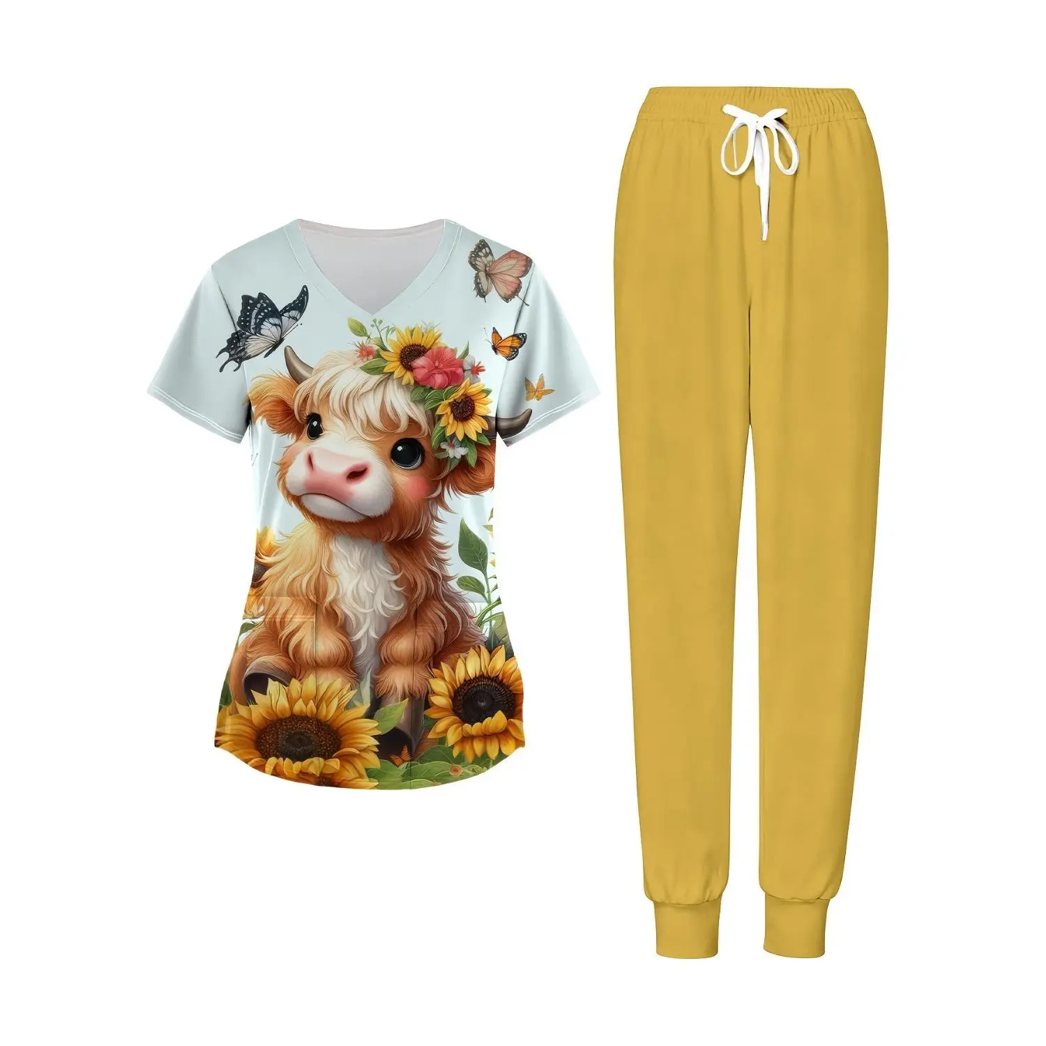 Women's Nurse Uniform Set - Cow Floral Print V-Neck Top and Yellow Jogger Pants with Pockets, Comfort-Fit Breathable Lightweight Scrubs Workwear Outfit for Women