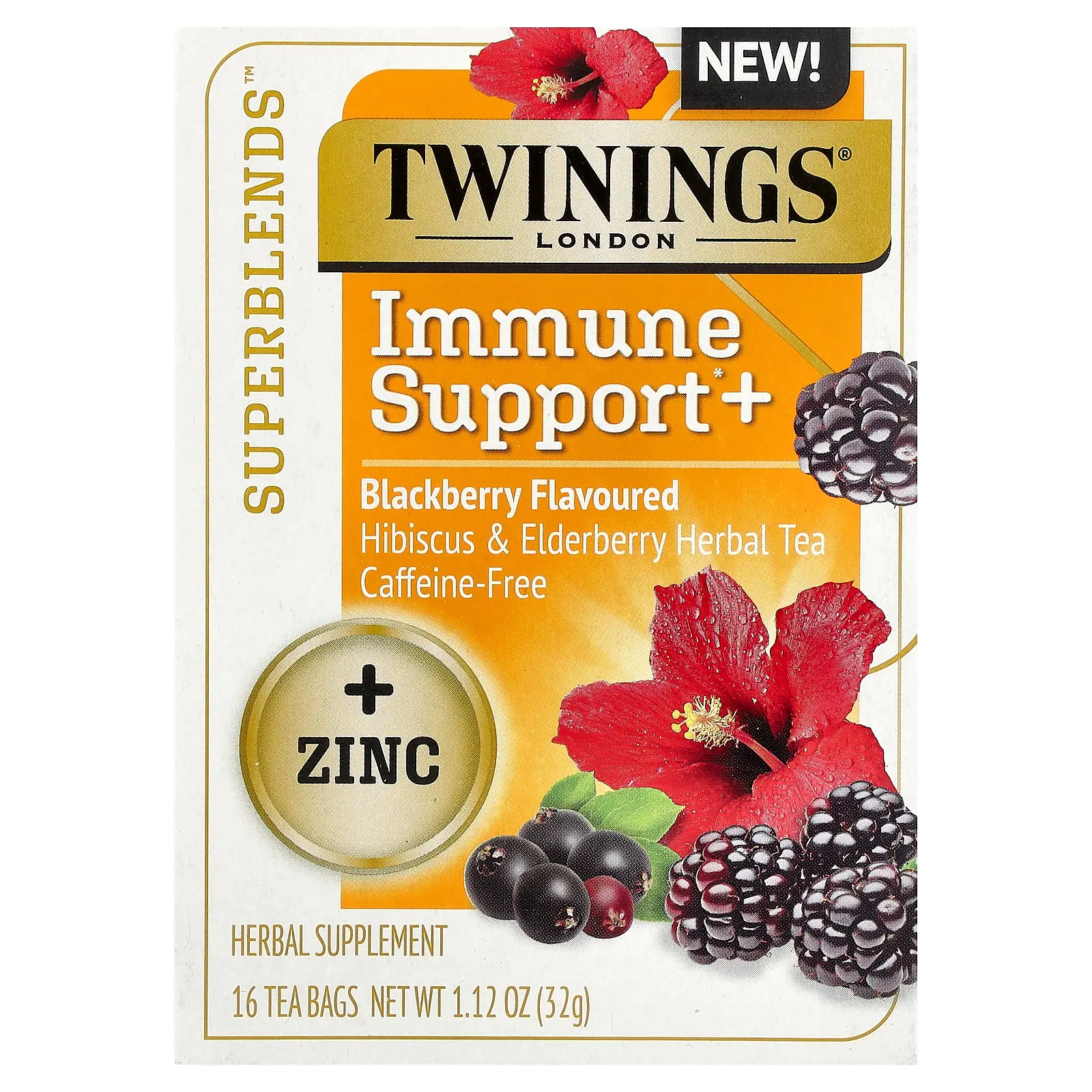 Twinings Superblends™, Immune Support+ Hibiscus & Elderberry Herbal Tea, Blackberry, Caffeine-Free, 16 Tea Bags, 1.12 oz (32 g)