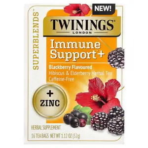 Twinings Superblends™, Immune Support+ Hibiscus & Elderberry Herbal Tea, Blackberry, Caffeine-Free, 16 Tea Bags, 1.12 oz (32 g)