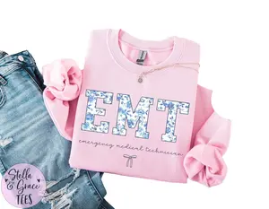 EMT Sweatshirt Hoodie, Emergency Medical Technician Sweater, Boho Floral EMT Shirt, First Responder Gift, Blue Toile Paramedic Shirt Cotton Crewneck