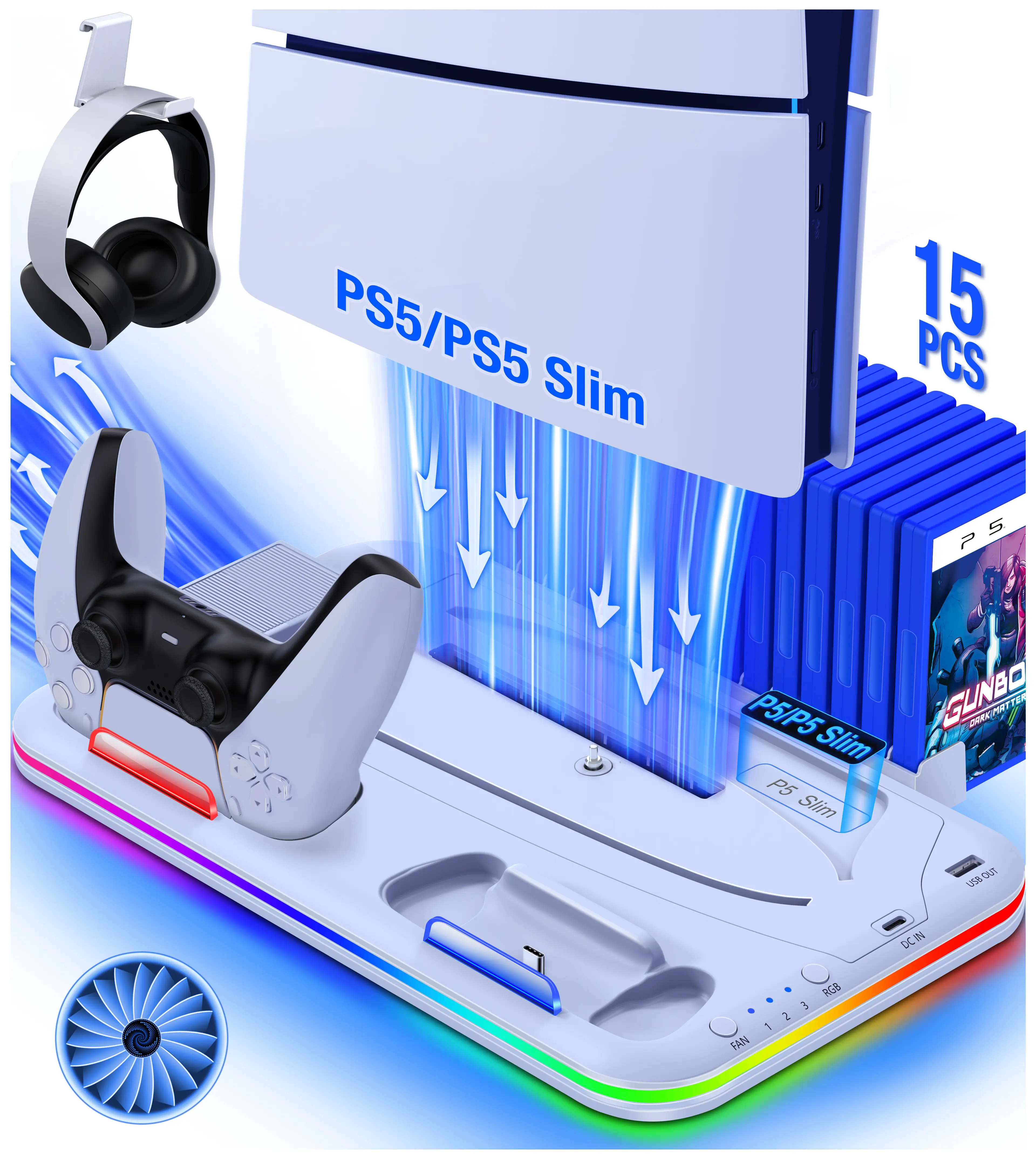 PS5 Stand and Cooling Station with Controller Charging Station for PS5 Slim, PS5 Accessories 3 Levels Cooling Fan, RGB Light, 15 Game Storage, Headset Holder for Playsation 5 Digital/Disc