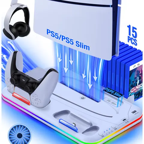 PS5 Stand & Cooling Station with Controller Charger, 3 Fan Speeds to Tame Heat, RGB Lighting, 15 Game Storage, Headset Holder, USB Port, AC Adapter, Fast Charging, Memory Function for PS5 Slim Digital & Disc Consoles