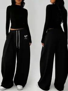 tiktokshopspringglowup Y2K Black Wide Leg Sweatpants | High Waist Baggy Fit with Cute Bow Embroidery | Soft Casual Loungewear for Streetwear & Daily Outfits | Comfy Drawstring Trousers for Women